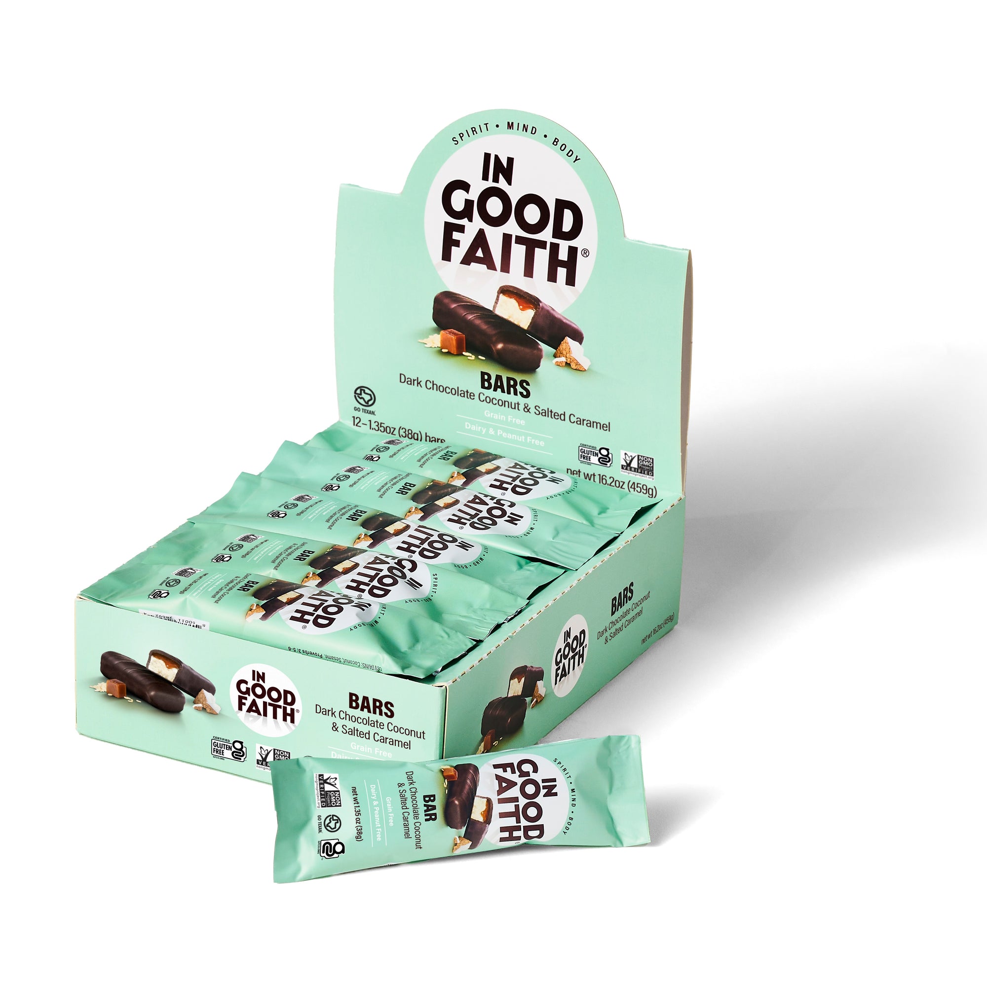 Box of 'In Good Faith' bars with a single bar in front on a white background