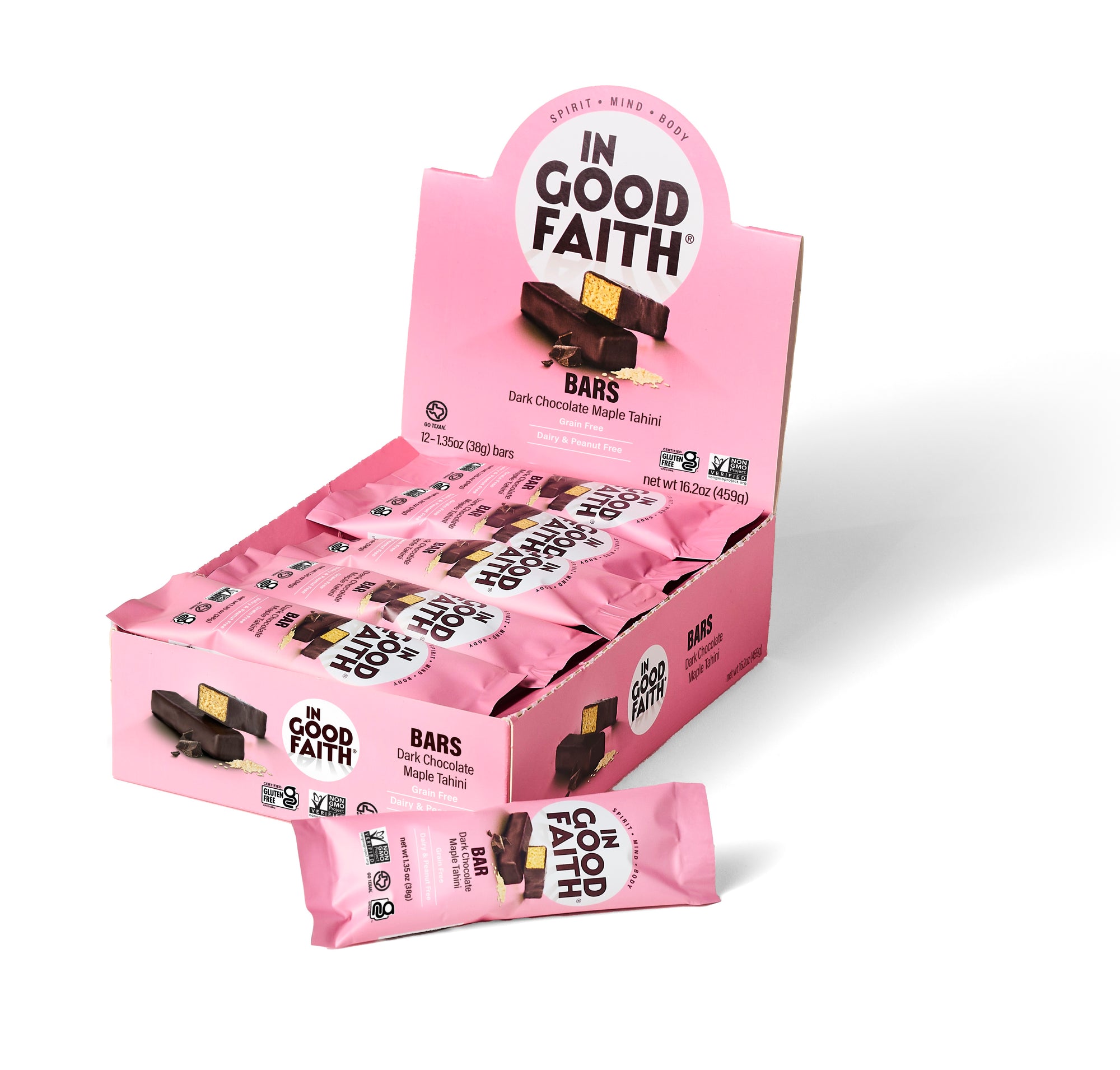 Box of 'In Good Faith' dark chocolate maple tahini bars on a white background