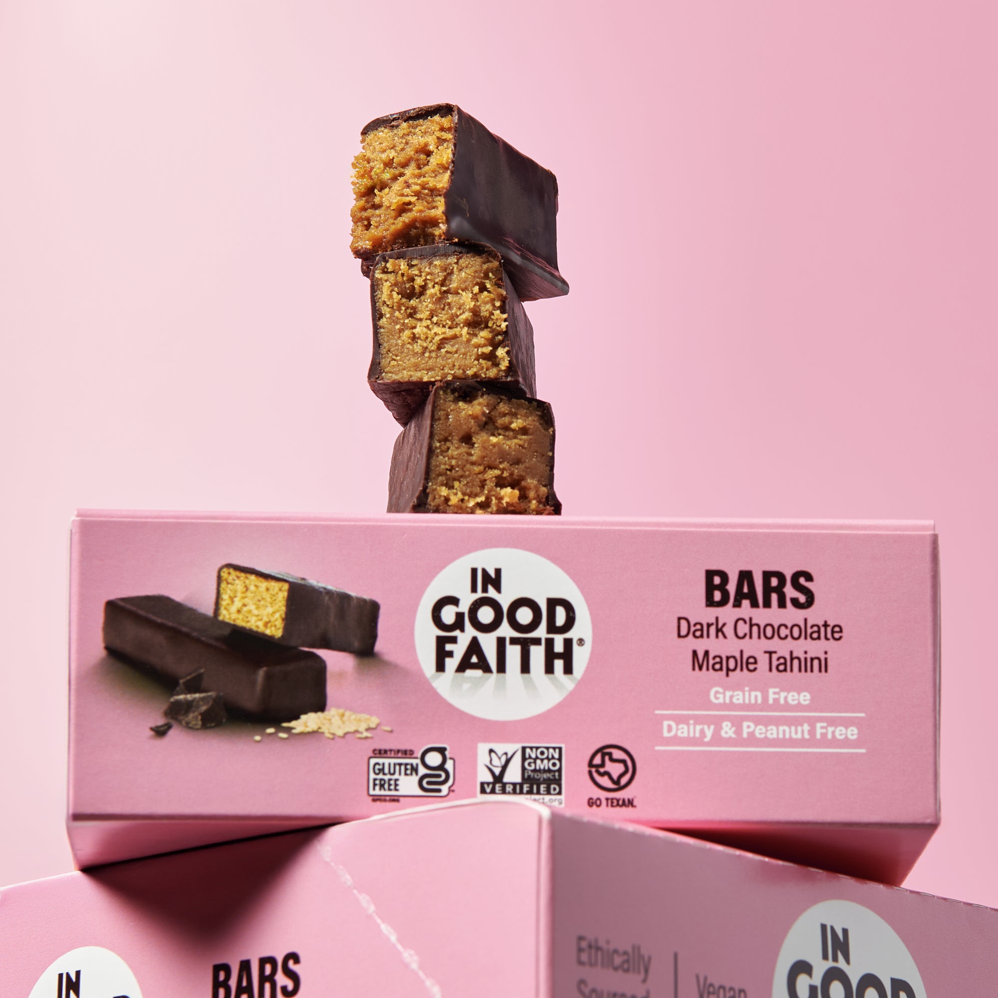 Stack of Dark Chocolate Maple Tahini In Good Faith Bars