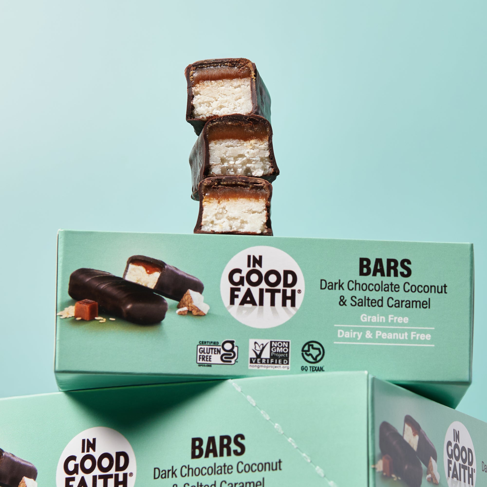 Stack of Dark Chocolate Coconut & Salted Caramel Bars