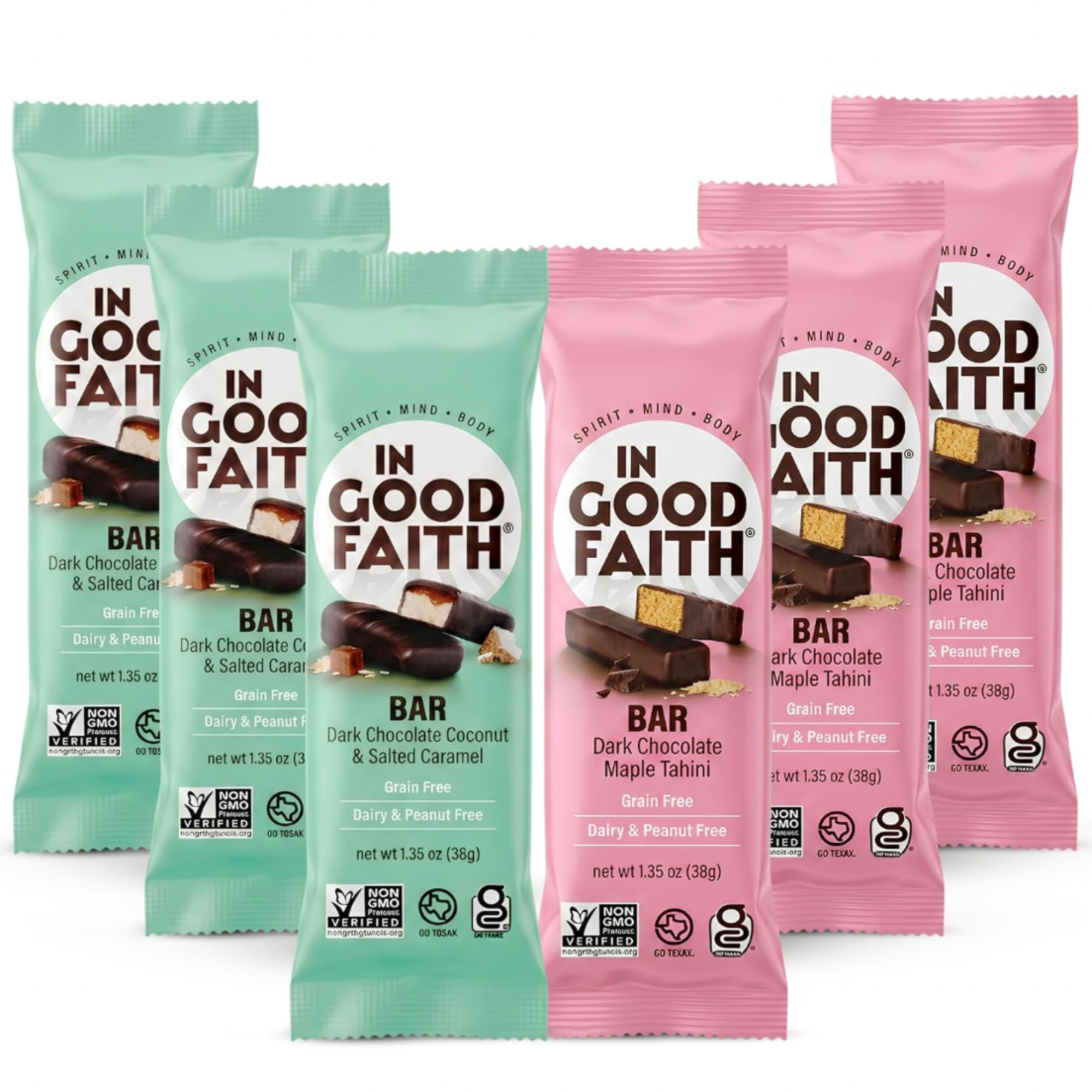 Six Good Faith chocolate bars in individually wrapped packages, arranged in two rows against a white background. The front row shows pink packages for Dark Chocolate Maple Tahini and Peanut Free bars, while the back row shows mint green packages for Dark Chocolate & Salted Caramel, Dark Chocolate Coconut & Salted Caramel, Dark Chocolate Peanut Butter, and Peanut Free bars.